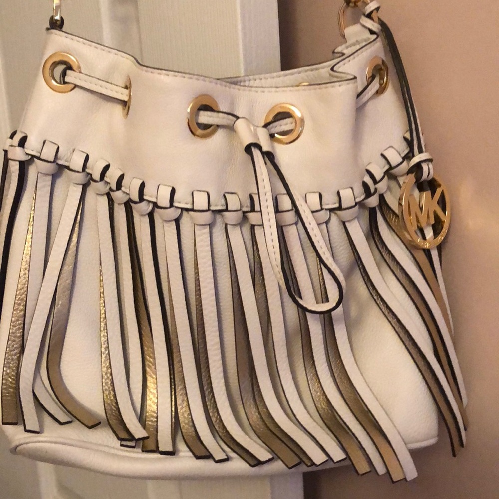 Michael Kors Fringe White and Gold Crossbody Bag